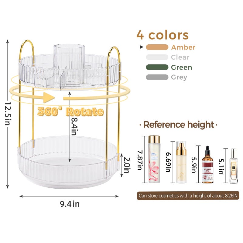 BEFSOP 360Â° Rotating Makeup Organizer, Upgraded 2 Tier Skincare Perfume Organizers for Women, Bathroom Organizer Countertop, Clear Cosmetic Dresser Organizer with Makeup Brush Holder, Sink&Counte (Clear) - Image 2