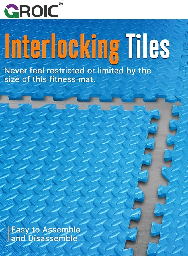 GROIC 12 قطعة من سجادات أرضية التمارين الرياضية، سجادات إسفنجية EVA مع بلاطات أرضية متشابكة، سجادة رياضية رغوية مقاس 12 بوصة × 12 بوصة، سجادات أرضية واقية متشابكة للمنزل ومعدات الصالة الرياضية (أزرق) - Image 3