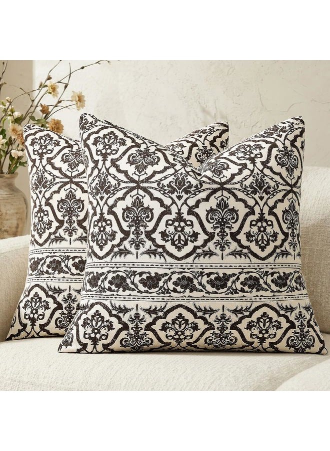 OMMATO Brown Vintage Floral Pillow Covers: 18x18 Chocolate Decorative Rustic Patterned Throw Pillows - Couch Sofa Boho Farmhouse Cushions Pillowcases Set of 2 Living Room Square Cotton Throw Pillow Covers - Image 1