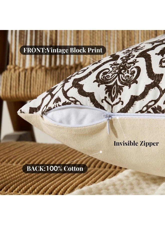 OMMATO Brown Vintage Floral Pillow Covers: 18x18 Chocolate Decorative Rustic Patterned Throw Pillows - Couch Sofa Boho Farmhouse Cushions Pillowcases Set of 2 Living Room Square Cotton Throw Pillow Covers - Image 3