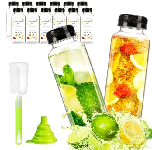 ztarraum 12pcs 12oz Plastic Juice Bottles, Reusable Juice Containers with Black Tamper Proof Lids, Brush, Funnel and Labels, Clear Juice Containers for Juicing, Smoothie and Homemade Beverages - Image 1
