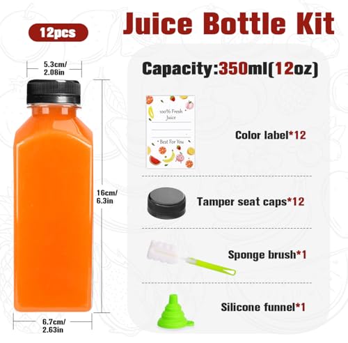 ztarraum 12pcs 12oz Plastic Juice Bottles, Reusable Juice Containers with Black Tamper Proof Lids, Brush, Funnel and Labels, Clear Juice Containers for Juicing, Smoothie and Homemade Beverages - Image 2