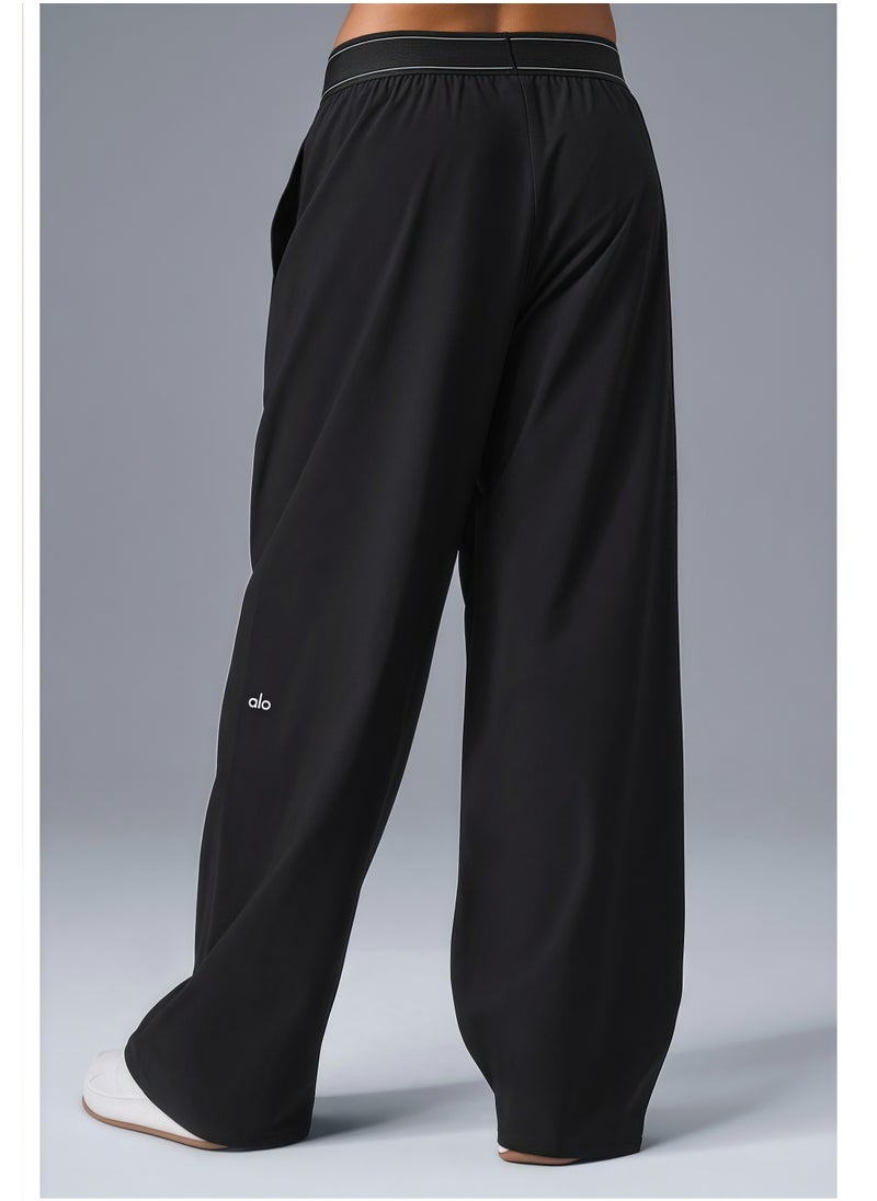 ALO High-Rise Logo Elastic Waist Yoga Pants - Women's Lightweight Wide-Leg Athletic Trousers with Breathable Fabric for Yoga, Lounge & Casual Wear