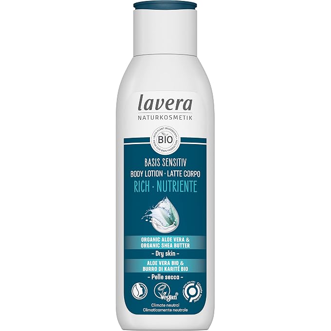 lavera basis sensitiv Body Lotion Rich - Natural Cosmetics - vegan - Organic Aloe Vera & Organic Shea Butter - certified - 250ml, white - Image 1