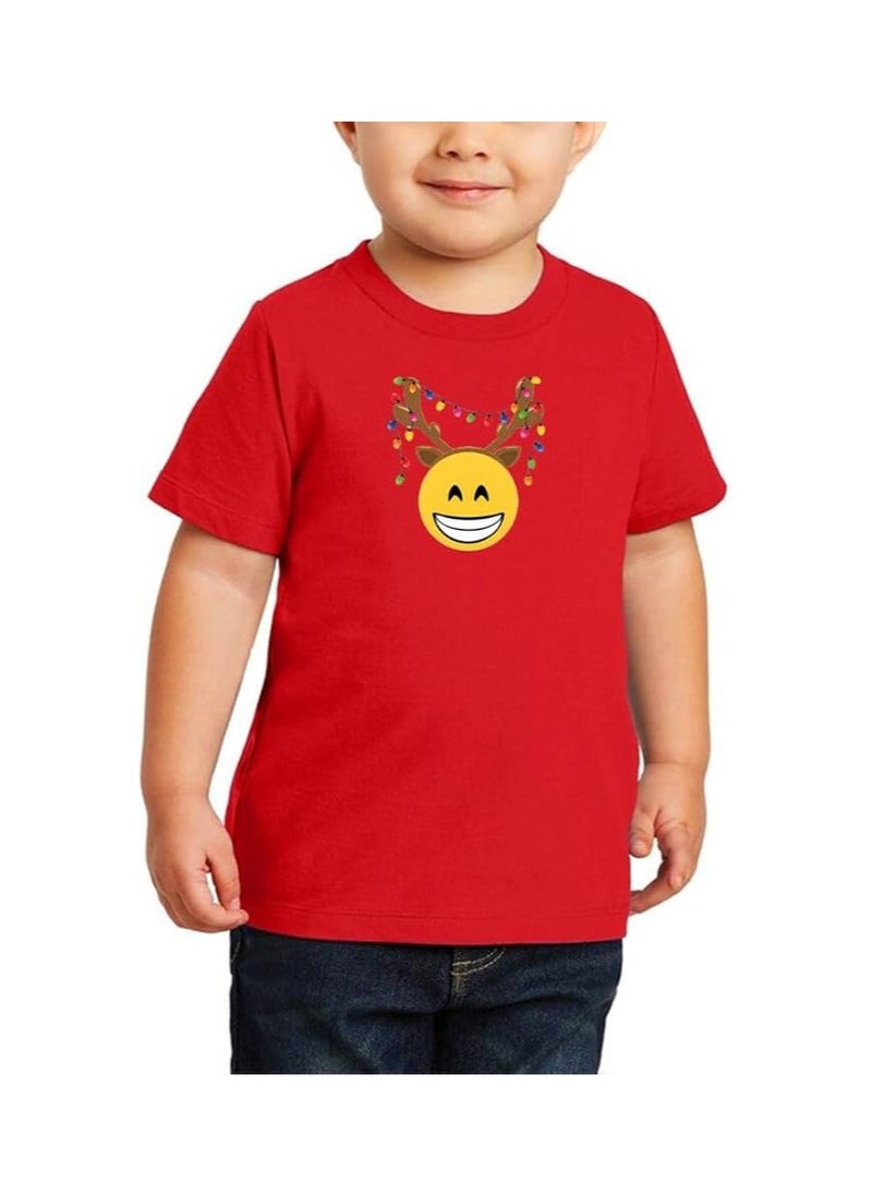 PRINTSHOP4ME - Christmas Emoji Kids Red T-Shirt For Boys–Soft Cotton Round Neck Short Sleeve T-Shirt With Smiley Face Emoji–Great For Parties - Image 1