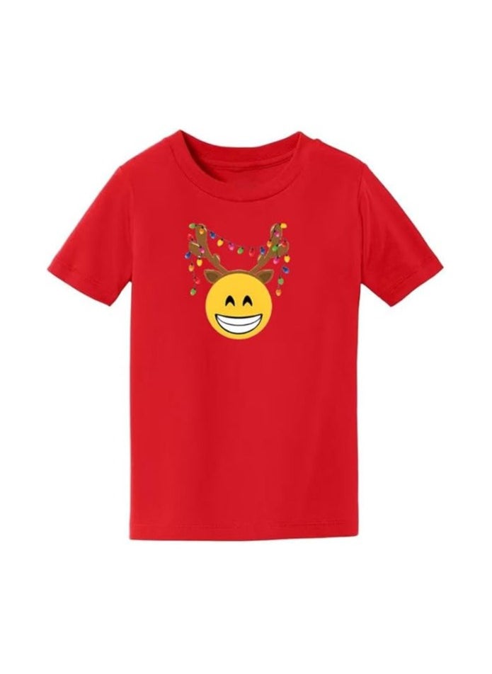 PRINTSHOP4ME - Christmas Emoji Kids Red T-Shirt For Boys–Soft Cotton Round Neck Short Sleeve T-Shirt With Smiley Face Emoji–Great For Parties - Image 1