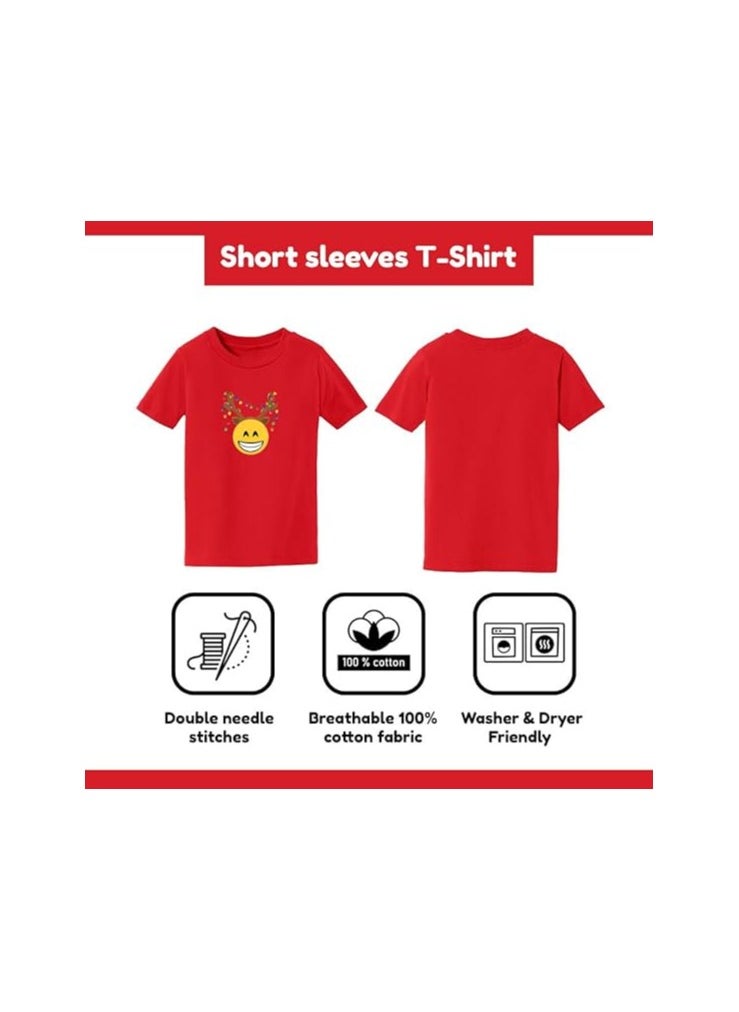PRINTSHOP4ME - Christmas Emoji Kids Red T-Shirt For Boys–Soft Cotton Round Neck Short Sleeve T-Shirt With Smiley Face Emoji–Great For Parties - Image 1