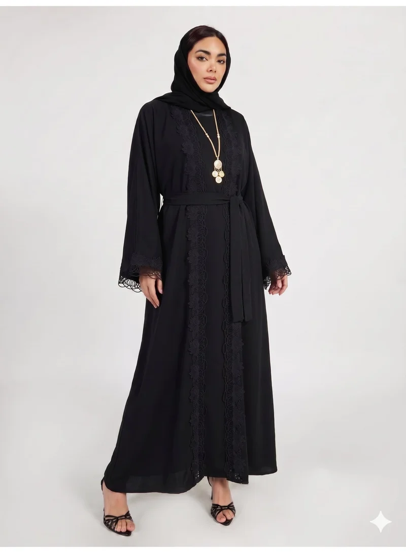 عباءات ريم Lace Detail Abaya with Inner Dress and Matching Sheila