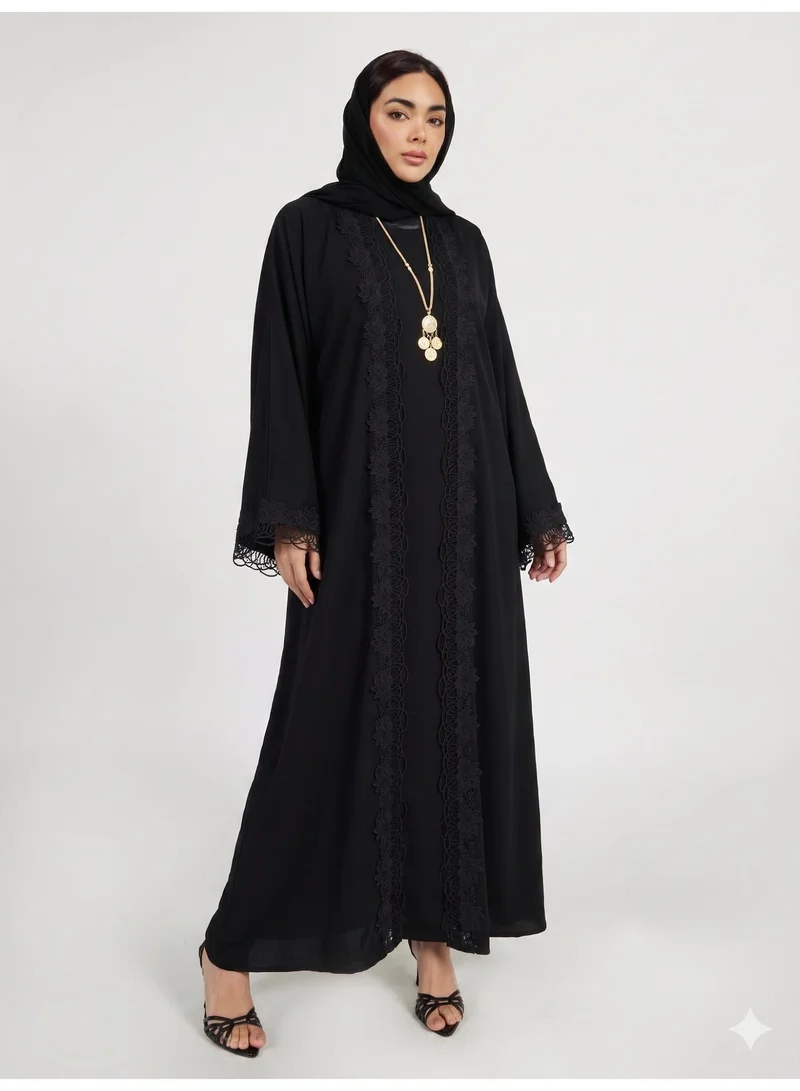 عباءات ريم Lace Detail Abaya with Inner Dress and Matching Sheila