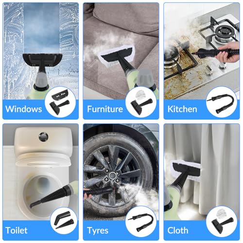 CURMEDI Handheld Pressurized Steam Cleaner with 12 pcs Accessories, Portable Steamer for Cleaning, Steam Cleaner for Home Use, Steamer for Cleaning Car, Furniture, Floor, Upholstery, Grout and Tile, Green - Image 2