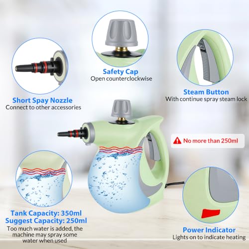 CURMEDI Handheld Pressurized Steam Cleaner with 12 pcs Accessories, Portable Steamer for Cleaning, Steam Cleaner for Home Use, Steamer for Cleaning Car, Furniture, Floor, Upholstery, Grout and Tile, Green - Image 4