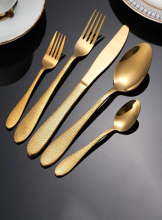 KitchEase Hammered 5-Piece Silverware Dinner Spoons | Premium Stainless Steel Flatware Set | Dishwasher Safe Cutlery Set for Home, Restaurant & Gifting (Aurum Gold) - Image 3