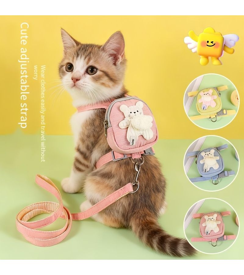 Yellow Adjustable Cat Harness And Leash With Snack Backpack For Kittens Small Pets - Image 2