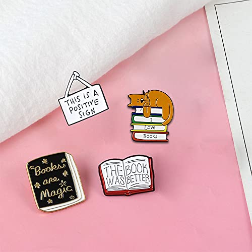 FLYPARTY 4 Pcs Cute Enamel Lapel Pins Sets Cartoon Animal Plant Flowers Brooches Pin Badges for Clothing Bags Backpacks Jackets Hat Party Favors Decoration (Reading Books) - Image 3