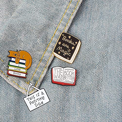 FLYPARTY 4 Pcs Cute Enamel Lapel Pins Sets Cartoon Animal Plant Flowers Brooches Pin Badges for Clothing Bags Backpacks Jackets Hat Party Favors Decoration (Reading Books) - Image 5