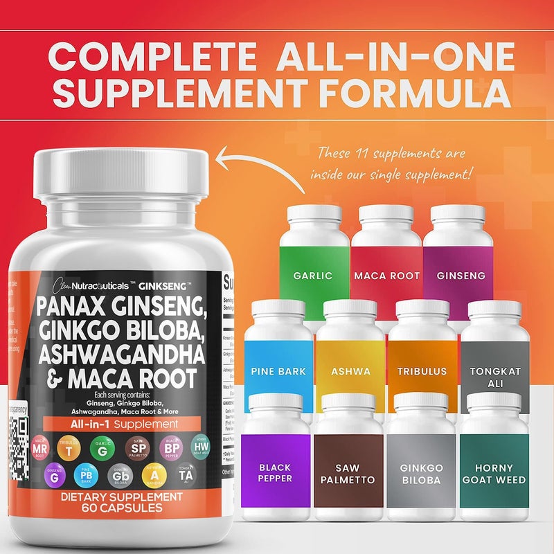 Clean Nutraceuticals مكملات كلين نوترا سيلانغ بانكس جينسنغ 10000 ملغ جنكو بيلوبا 4000 ملغ أشواغاندا ماكا جذر 3000 ملغ - حبوب مكمل التركيز للنساء والرجال مع مستخلص لحاء الصنوبر، الثوم، وسا بالميتو - 60 كبسولة - Image 2