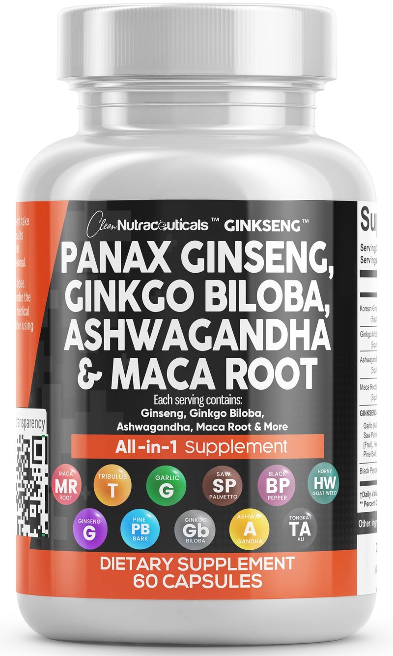 Clean Nutraceuticals مكملات كلين نوترا سيلانغ بانكس جينسنغ 10000 ملغ جنكو بيلوبا 4000 ملغ أشواغاندا ماكا جذر 3000 ملغ - حبوب مكمل التركيز للنساء والرجال مع مستخلص لحاء الصنوبر، الثوم، وسا بالميتو - 60 كبسولة - Image 1