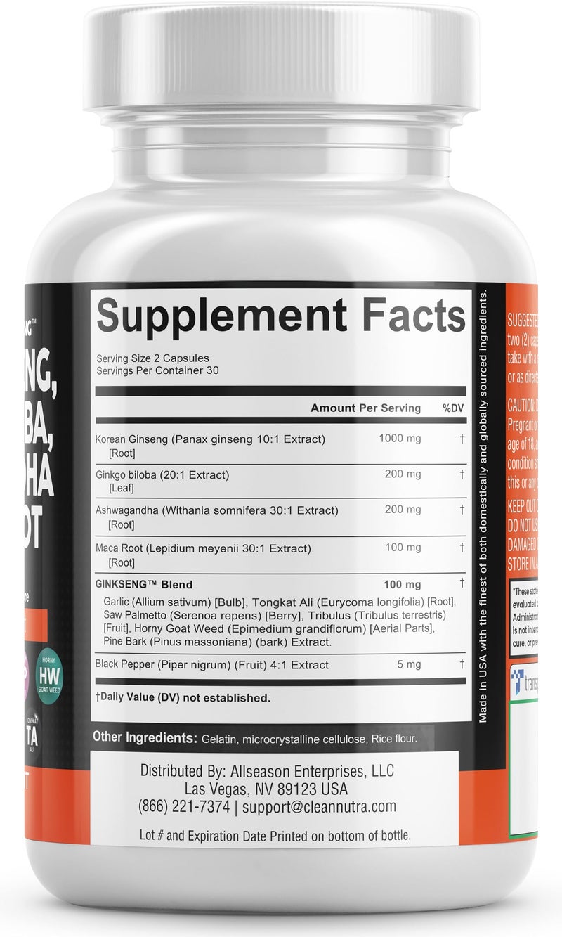 Clean Nutraceuticals مكملات كلين نوترا سيلانغ بانكس جينسنغ 10000 ملغ جنكو بيلوبا 4000 ملغ أشواغاندا ماكا جذر 3000 ملغ - حبوب مكمل التركيز للنساء والرجال مع مستخلص لحاء الصنوبر، الثوم، وسا بالميتو - 60 كبسولة - Image 5