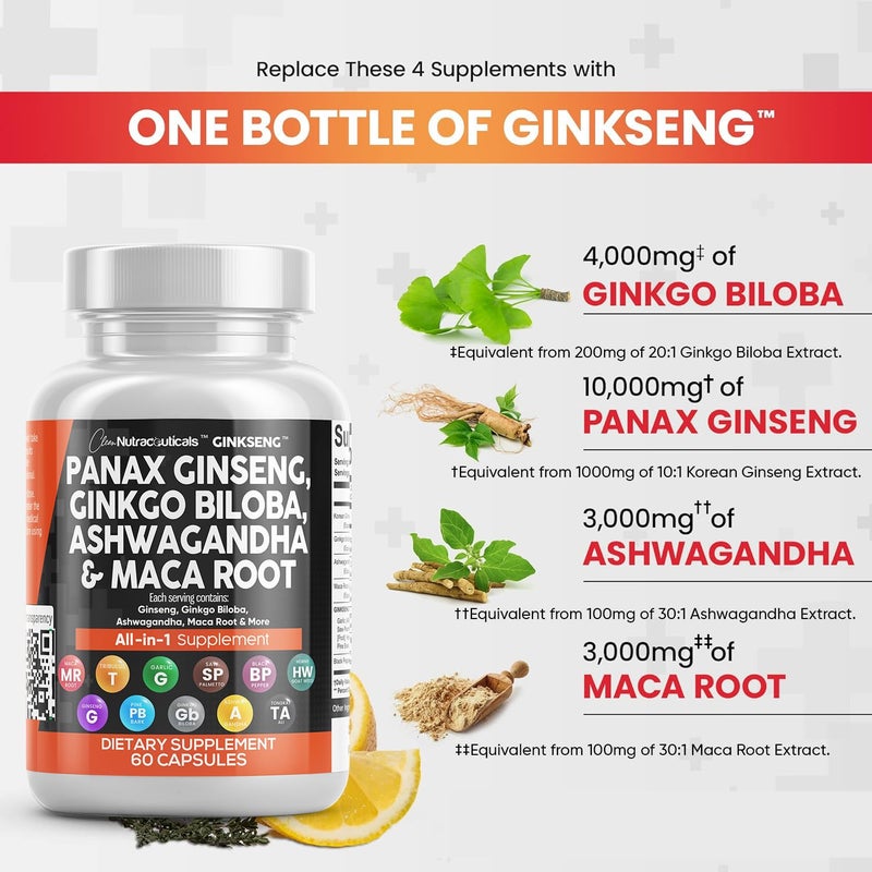 Clean Nutraceuticals مكملات كلين نوترا سيلانغ بانكس جينسنغ 10000 ملغ جنكو بيلوبا 4000 ملغ أشواغاندا ماكا جذر 3000 ملغ - حبوب مكمل التركيز للنساء والرجال مع مستخلص لحاء الصنوبر، الثوم، وسا بالميتو - 60 كبسولة - Image 3