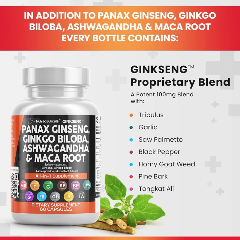 Clean Nutraceuticals مكملات كلين نوترا سيلانغ بانكس جينسنغ 10000 ملغ جنكو بيلوبا 4000 ملغ أشواغاندا ماكا جذر 3000 ملغ - حبوب مكمل التركيز للنساء والرجال مع مستخلص لحاء الصنوبر، الثوم، وسا بالميتو - 60 كبسولة - Image 4
