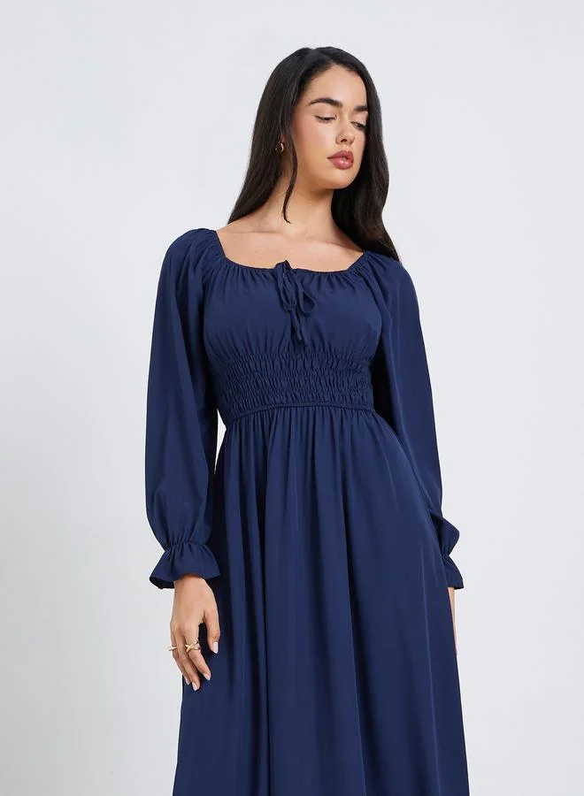 Styli Women Navy Blue Long Sleeve A-Line Midi Dress