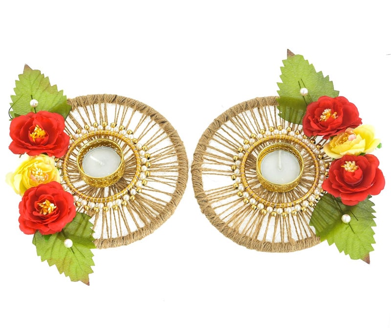 BENAVJI Heavy Design Hand Made Tea Light Candles Holder for Diwali Decoration Decorative Diya Tealight Candle Holder Diwali Diya for Home Decoration Including 2 Tea Lights RedGreen - Image 2