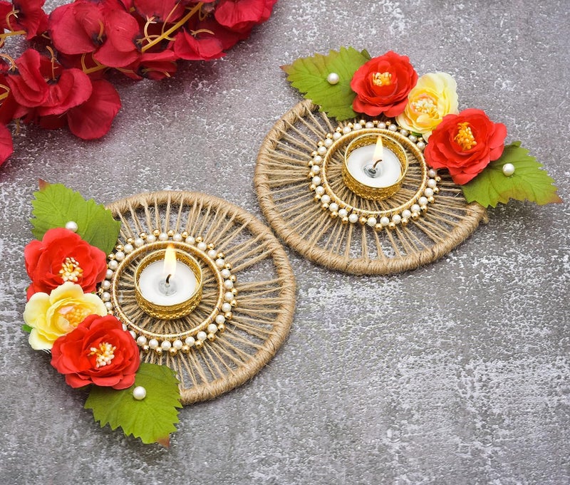 BENAVJI Heavy Design Hand Made Tea Light Candles Holder for Diwali Decoration Decorative Diya Tealight Candle Holder Diwali Diya for Home Decoration Including 2 Tea Lights RedGreen - Image 1