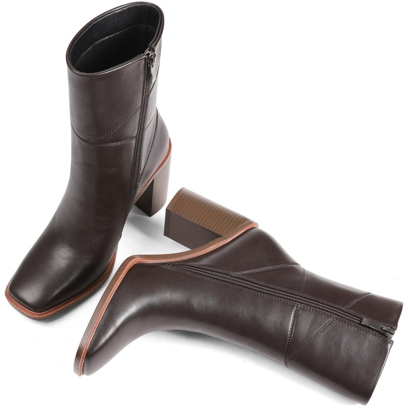Lovee Cosee Brown Leather Ankle Boots for Women 2025 Booties for Women Chunky Block Heel Square Toe Heeled Boots Comfort Casual Dress Fall Winter for Party Office Date Night Outfit Size 8 - Image 5