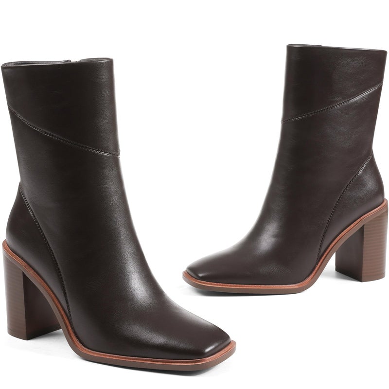 Lovee Cosee Brown Leather Ankle Boots for Women 2025 Booties for Women Chunky Block Heel Square Toe Heeled Boots Comfort Casual Dress Fall Winter for Party Office Date Night Outfit Size 8 - Image 4