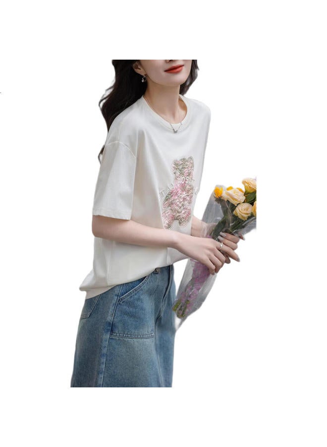 dme 230G Sun Cotton Summer Light Age Cartoon Patch Embroidery Elastic Short Sleeve Women'S T-Shirt - Image 2