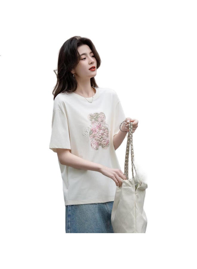dme 230G Sun Cotton Summer Light Age Cartoon Patch Embroidery Elastic Short Sleeve Women'S T-Shirt - Image 1