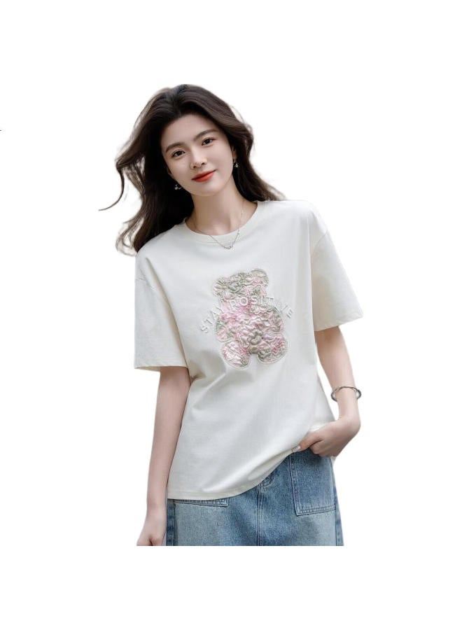 dme 230G Sun Cotton Summer Light Age Cartoon Patch Embroidery Elastic Short Sleeve Women'S T-Shirt - Image 3
