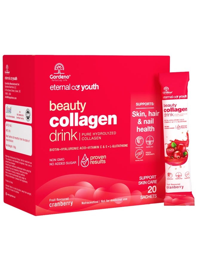 Gardeno - Hydrolyzed Marine Collagen Drink Mix With Natural Cranberry Flavour - 20 Sachets, 5gm Each - Image 1
