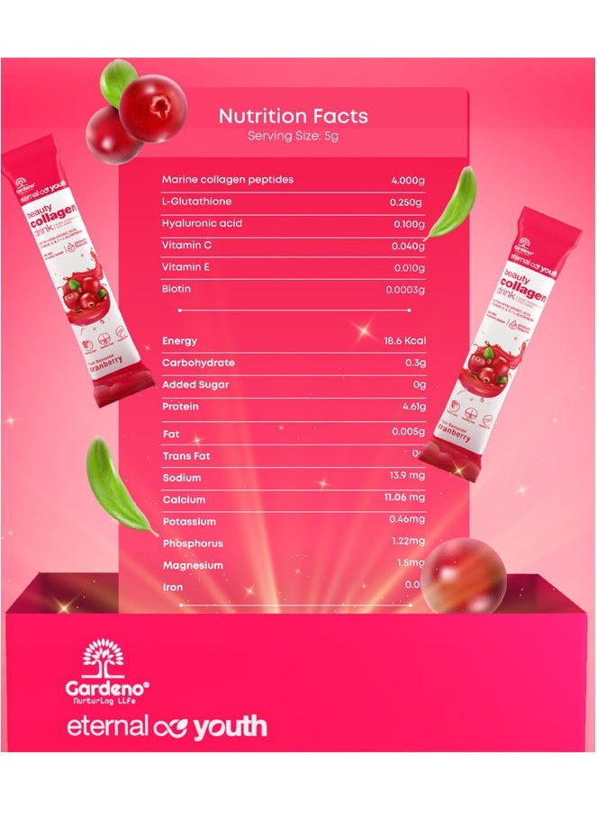 Gardeno - Hydrolyzed Marine Collagen Drink Mix With Natural Cranberry Flavour - 20 Sachets, 5gm Each - Image 1