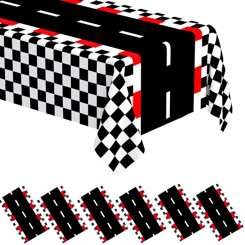 WNINK 6 PCS Racing Car Theme Tablecloths Car Disposable Plastic Tablecloths Black Checkered Flag Table Covers Racetrack Rectangular Tablecloth for Race Car Birthday Party Decorations 54 x 108 Inch