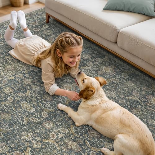 BESBLEE 8X10 Area Rugs Machine Washable Rugs for Living Room, Vintage Boho Large Rugs for Bedroom Dining Room, Non Slip Indoor Soft Distressed Lightweight Thin Low Pile Carpet, Deep - Image 4