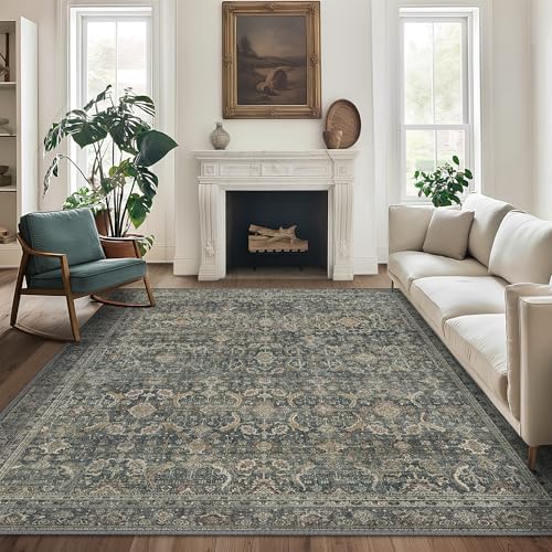 BESBLEE 8X10 Area Rugs Machine Washable Rugs for Living Room, Vintage Boho Large Rugs for Bedroom Dining Room, Non Slip Indoor Soft Distressed Lightweight Thin Low Pile Carpet, Deep - Image 1