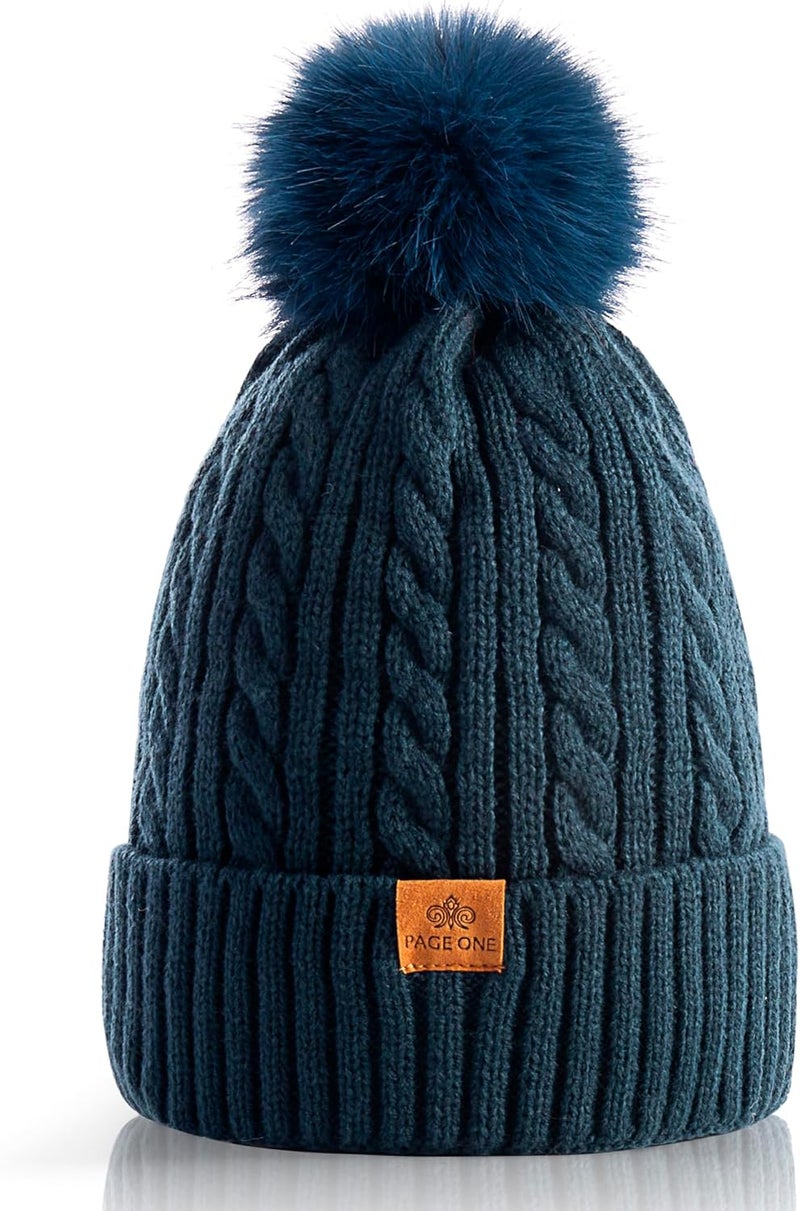 PAGE ONE Women Winter Pom Pom Beanie Hats Warm Fleece Lined,Chunky Trendy Cute Chenille Knit Twist Cap - Image 1