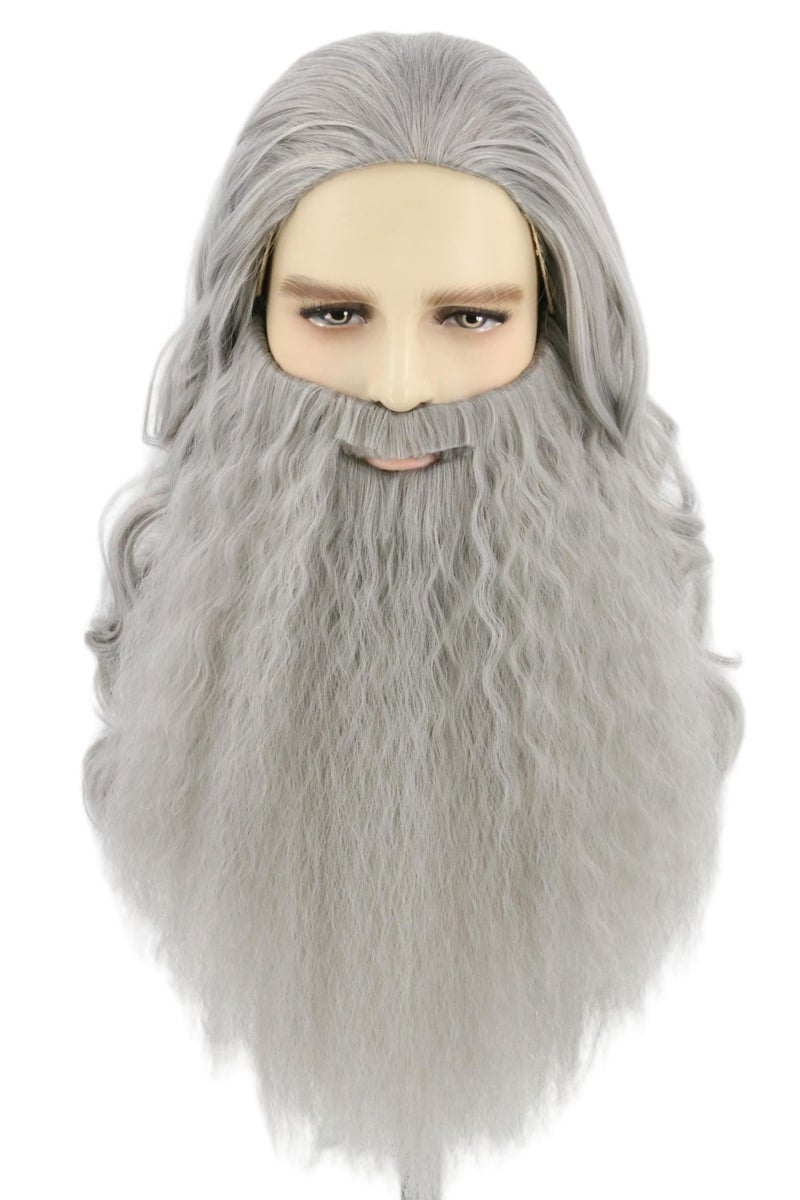 LeMarnia Men Wigs and Beard Set Long Gray Wizard Wig and Beard for Halloween Costume Cosplay Party Wig