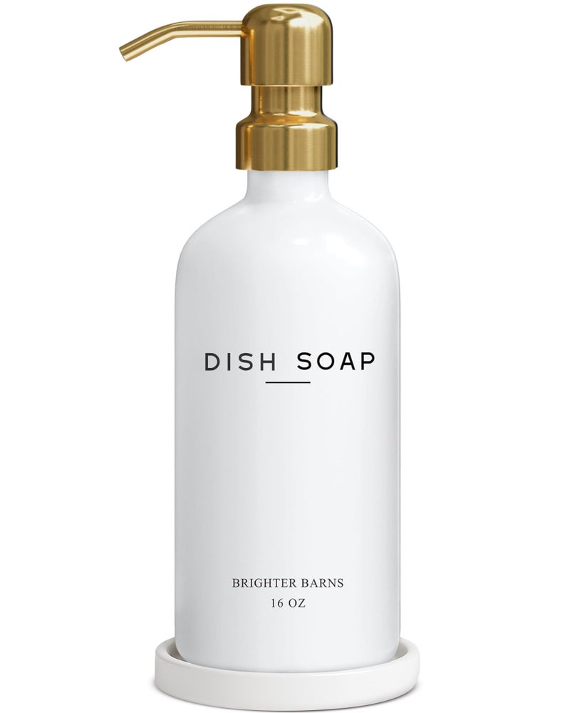 Brighter Barns Luxury Glass Dish Soap Dispenser for Kitchen Sink by Brighter Barns - Modern Kitchen Soap Dispenser Set - Refillable Glass Pump Bottle and Tray - White and Gold Home Decor and Accessories, Gift (Gold) - Image 1