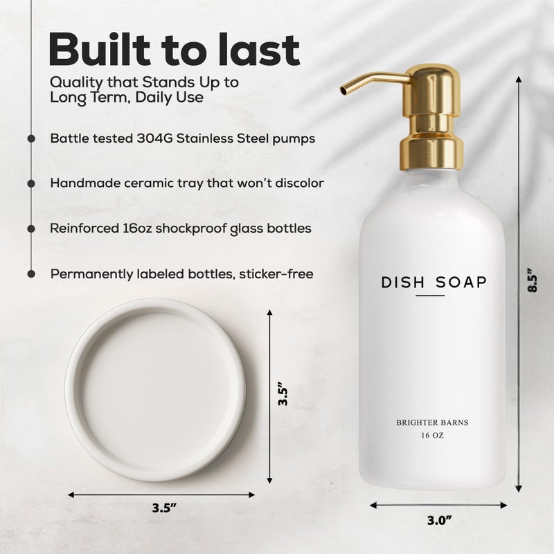Brighter Barns Luxury Glass Dish Soap Dispenser for Kitchen Sink by Brighter Barns - Modern Kitchen Soap Dispenser Set - Refillable Glass Pump Bottle and Tray - White and Gold Home Decor and Accessories, Gift (Gold) - Image 3