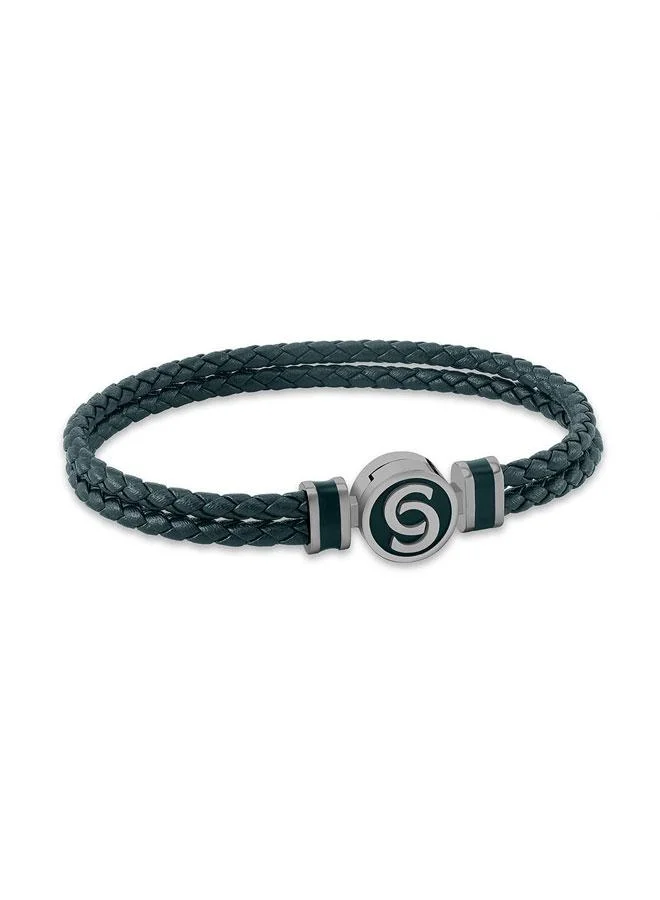 Daniele Gunmetal Stainless Steel Green Braided Leather Bracelet for Men 180mm