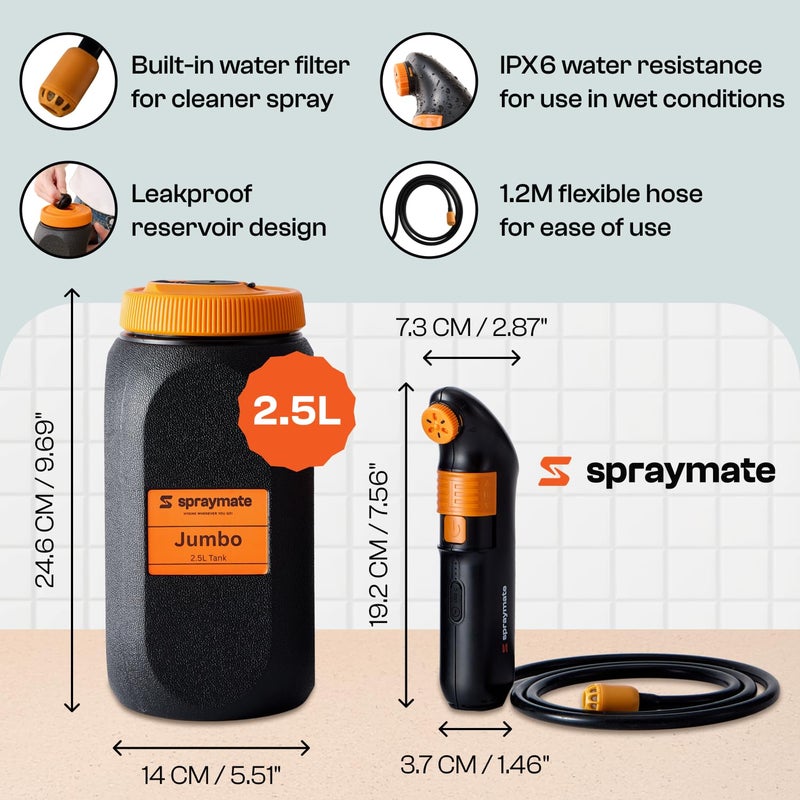 Spraymate Portable Bidet for Travel & Camping â€“ Electric High Pressure Rechargeable Bidet for Women & Men | 2.5L Bottle | 1300ML/Min Flow | USB-C | 1600mAh Battery | USA Brand â€“ Spray Mate Jumbo (Black) - Image 3