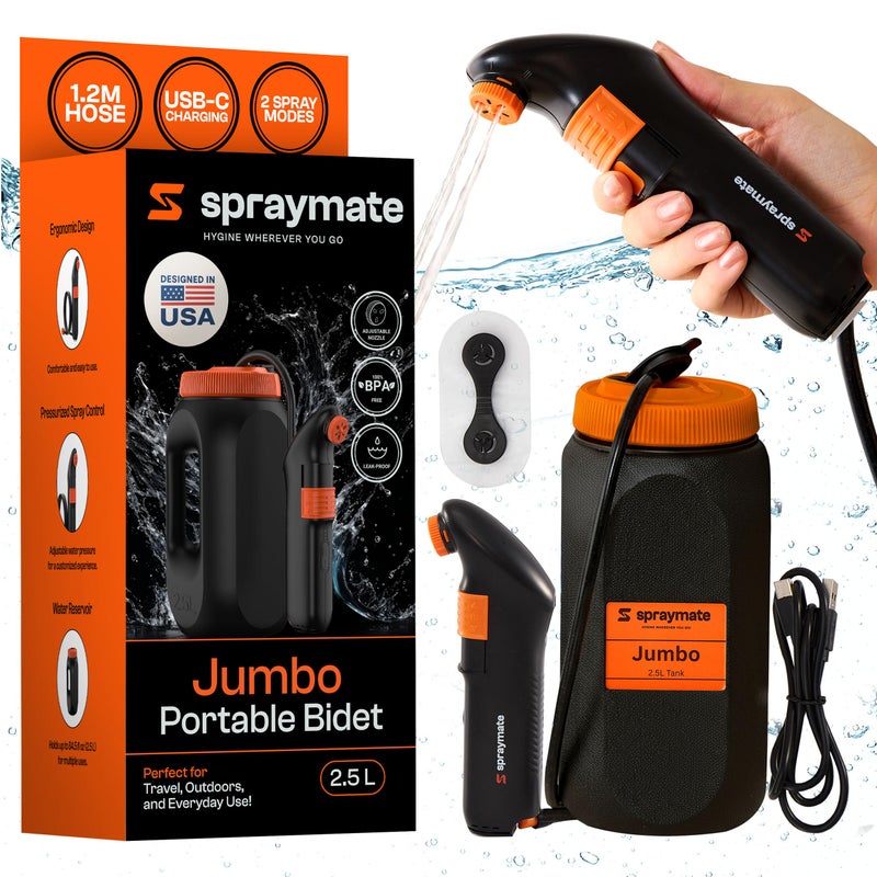 Spraymate Portable Bidet for Travel & Camping â€“ Electric High Pressure Rechargeable Bidet for Women & Men | 2.5L Bottle | 1300ML/Min Flow | USB-C | 1600mAh Battery | USA Brand â€“ Spray Mate Jumbo (Black) - Image 1