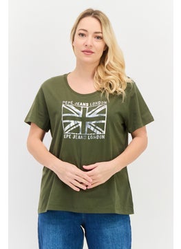 Pepe Jeans Women Crew Neck Short Sleeves Graphic Print Top, Olive  - Image 1