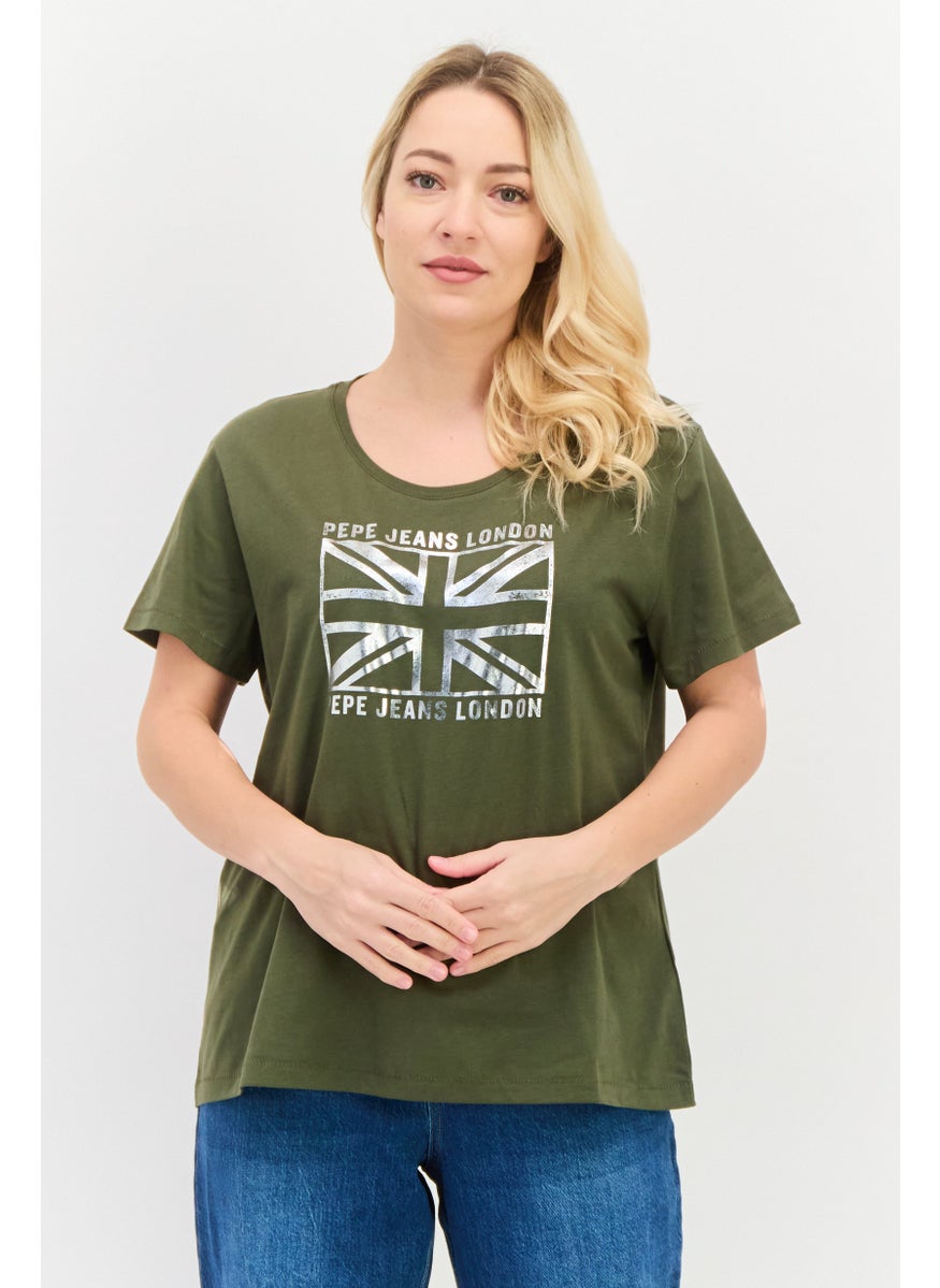Pepe Jeans Women Crew Neck Short Sleeves Graphic Print Top, Olive  - Image 1