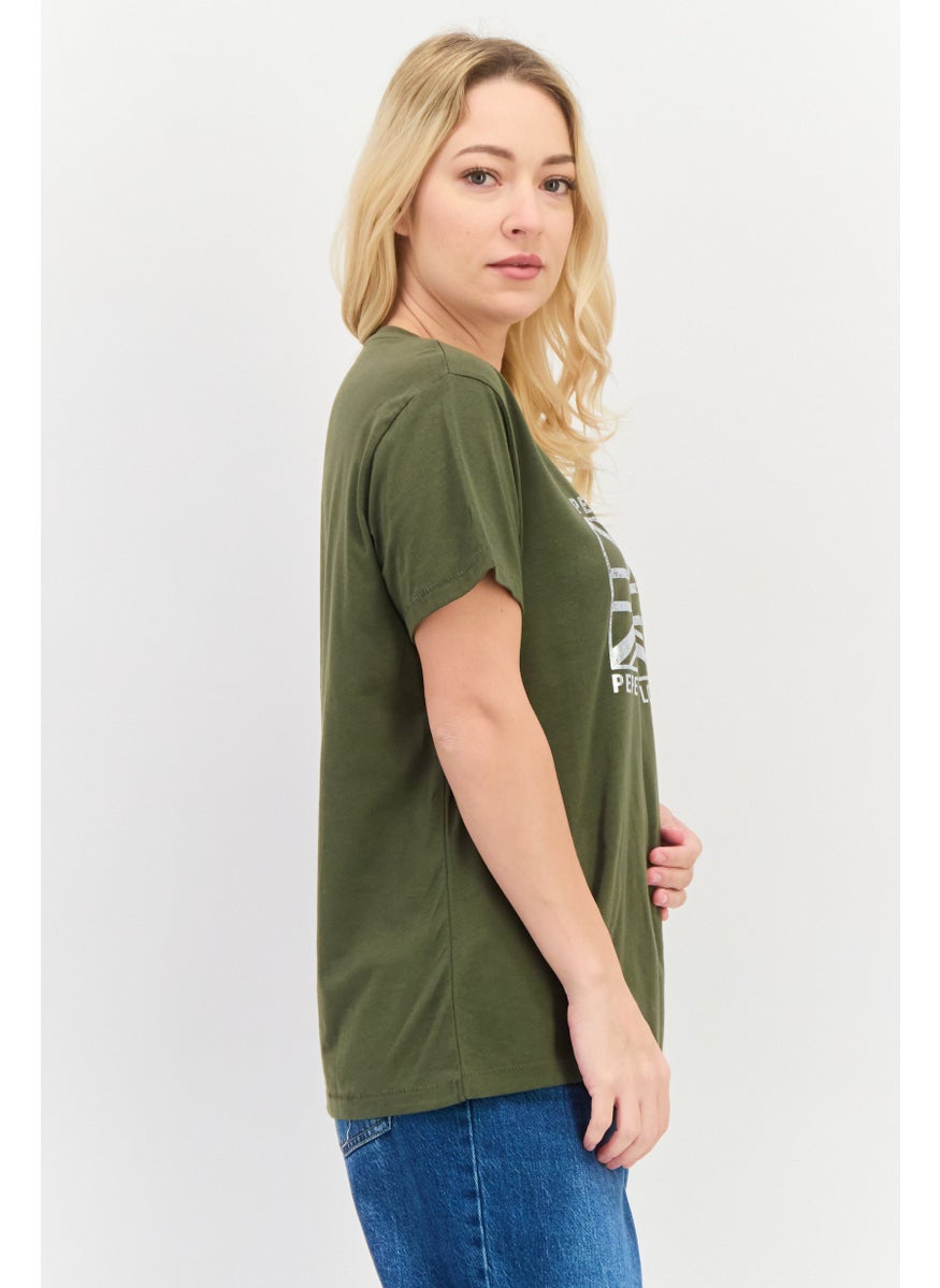 Pepe Jeans Women Crew Neck Short Sleeves Graphic Print Top, Olive  - Image 2