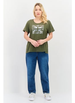 Pepe Jeans Women Crew Neck Short Sleeves Graphic Print Top, Olive  - Image 4