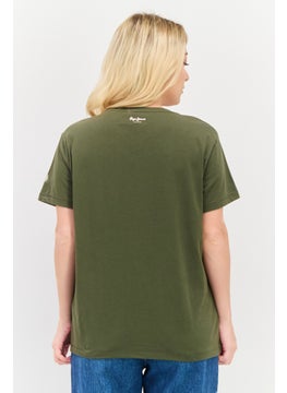 Pepe Jeans Women Crew Neck Short Sleeves Graphic Print Top, Olive  - Image 3