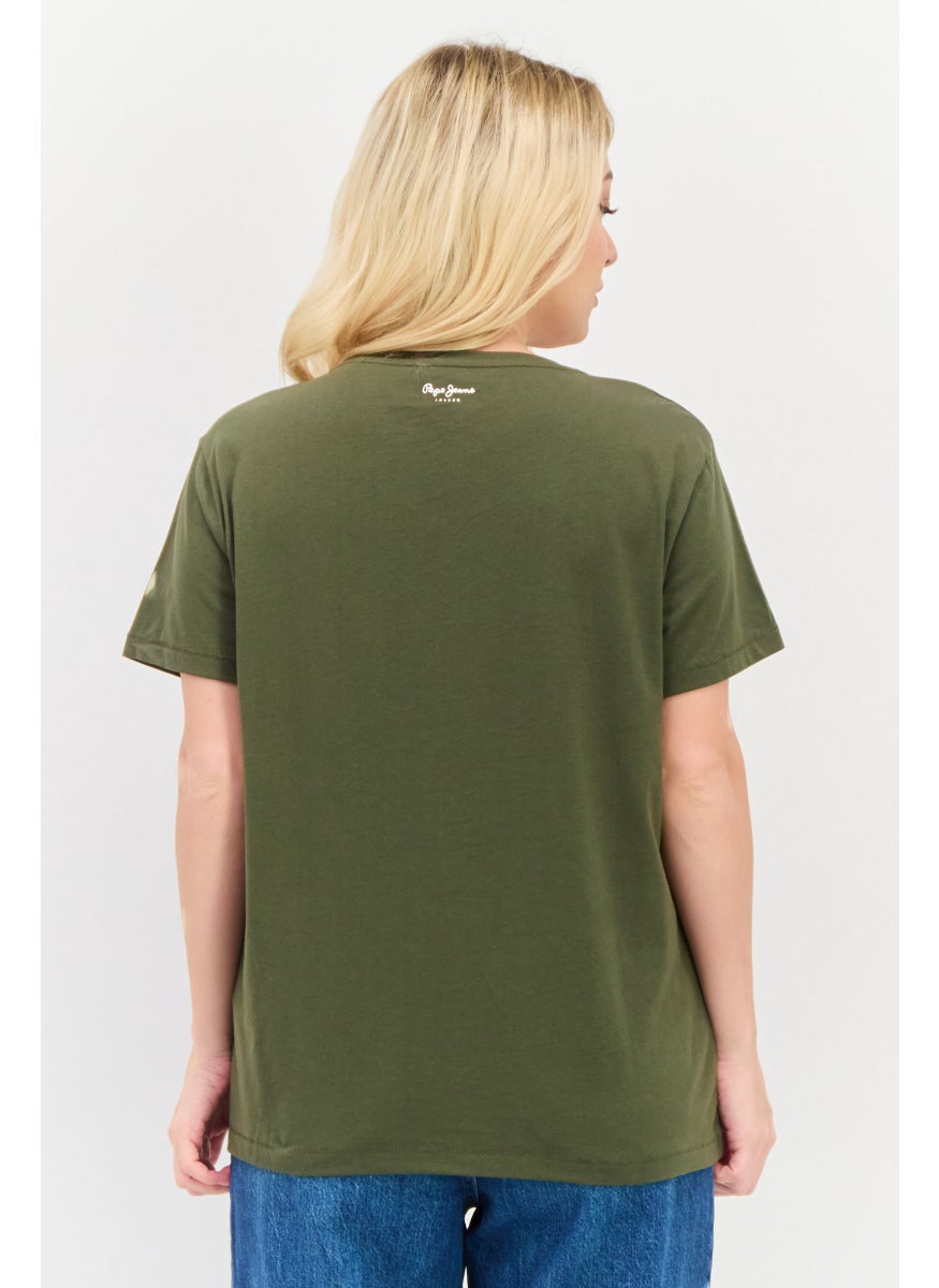 Pepe Jeans Women Crew Neck Short Sleeves Graphic Print Top, Olive  - Image 3